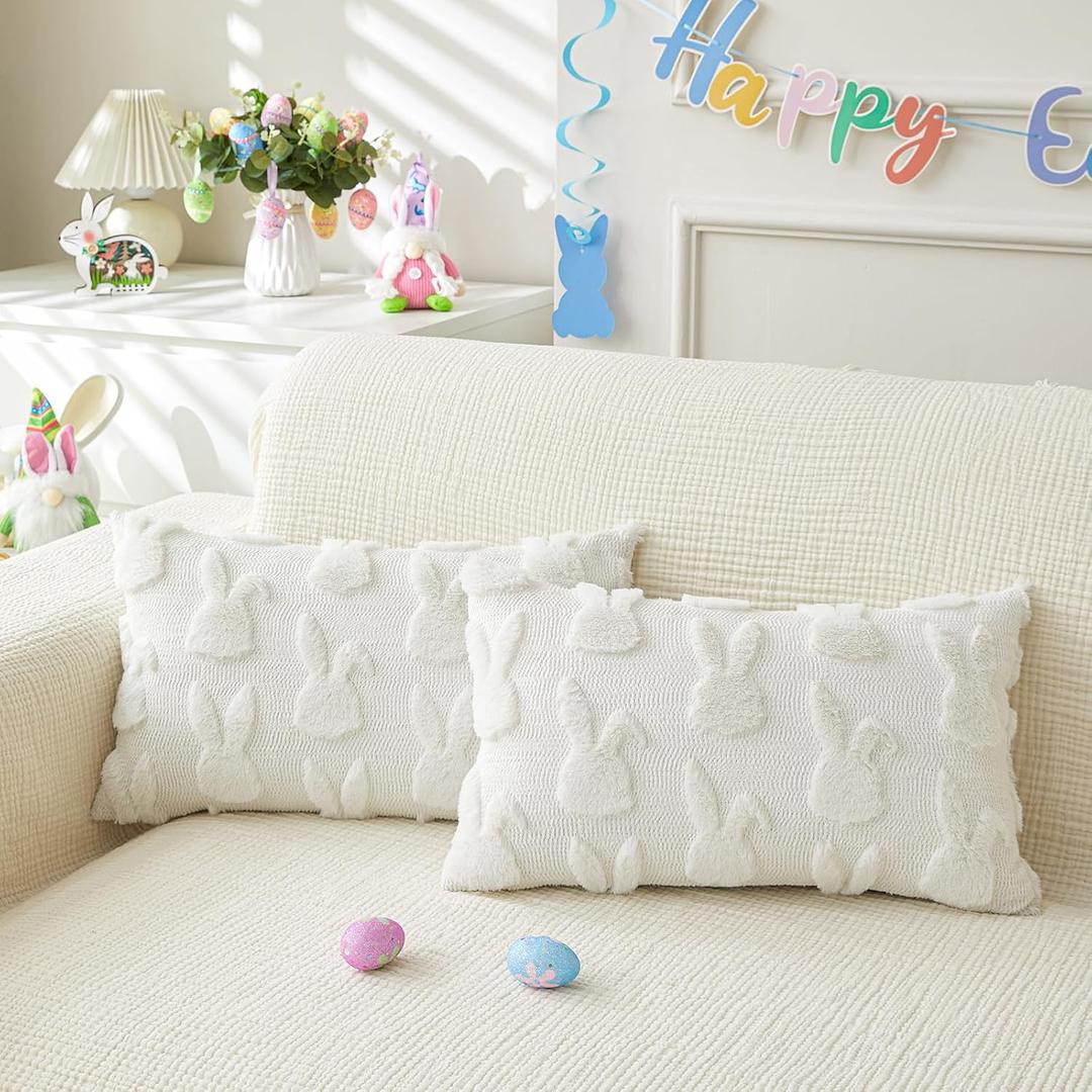 Easter Throw Pillow Covers 12x20 inch Set of 2 for Easter Decorations White Bunny Rabbit Soft Plush Faux Fur Wool Pillow Covers for Sofa Living Room Couch Bed