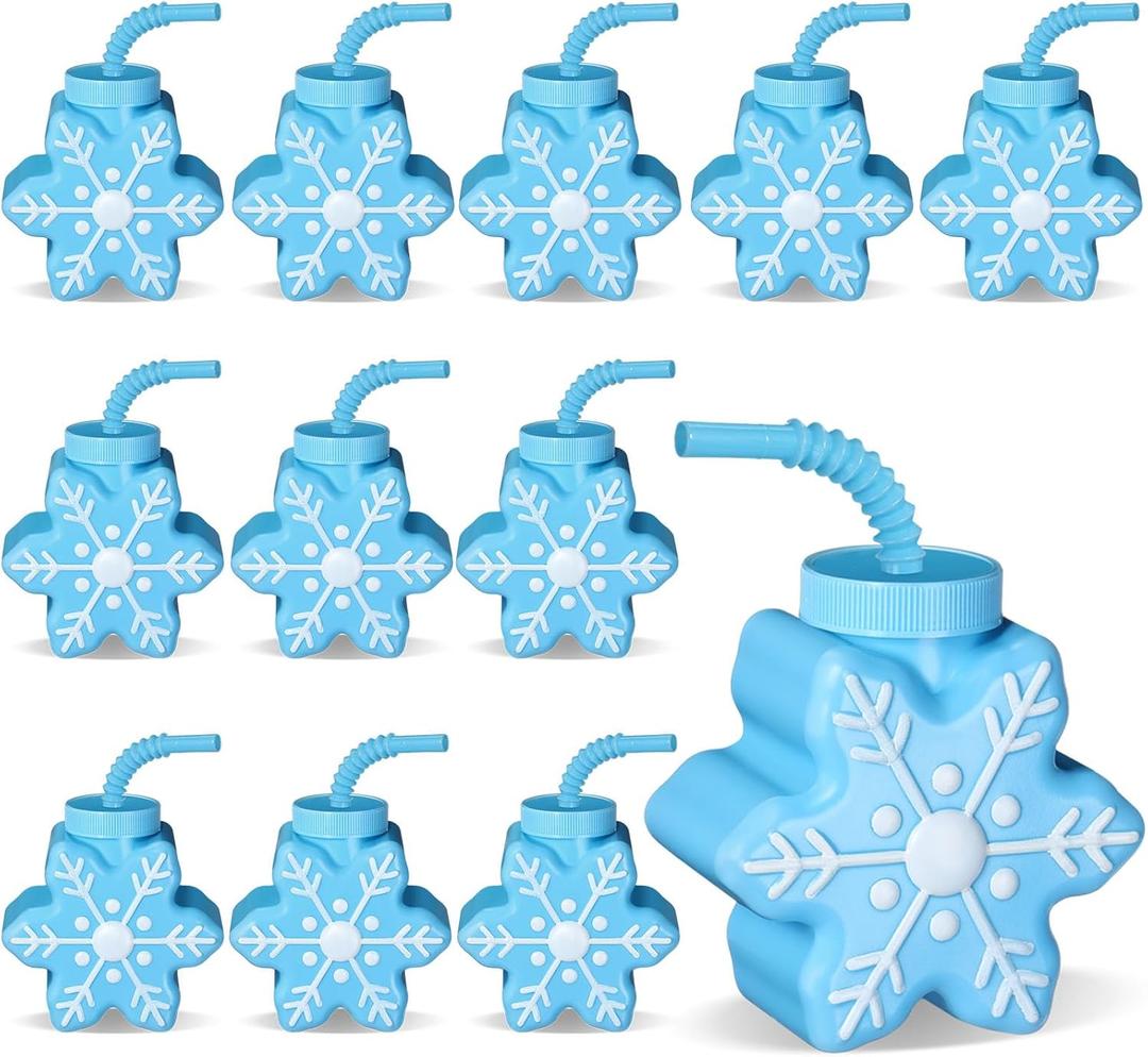 Sliner 12 Pcs Christmas Party Plastic Cups 10 oz Xmas Snowflake Cups Gift Reusable Snowflake Christmas Cup with Lids Straws for Winter Xmas Birthday Party Gifts Supplies