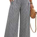 EVALESS Women's Wide Leg Palazzo Pants Casual Elastic High Waisted Cotton Gingham Plaid Culottes Trousers with Pockets (Large, Black)