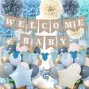 Dusty Blue Baby Shower Decorations- Boy Baby Shower Decor Set with- Welcome Baby Banner, Clothes Banner, Cake Topper, Tissue Pom Poms, Dusty Blue Balloons | Boho Baby Boy Shower Decorations