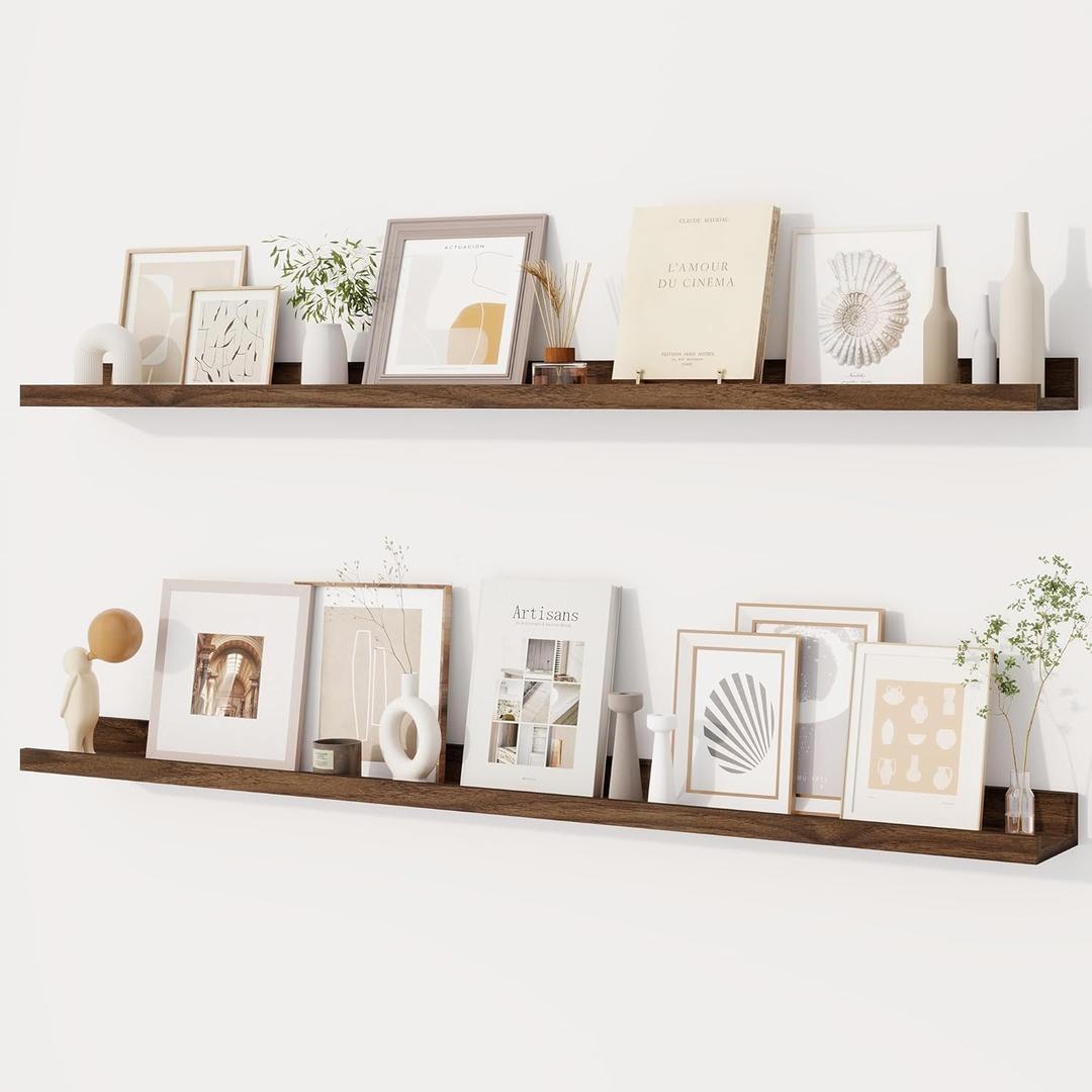 Dreamland Picture Ledge Shelf for Wall, Floating Shelves Set of 2, 48 Inch Long Floating Shelves with Lip for Living Room, Bedroom, Bathroom, Kitchen, Walnut