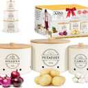 Canister Sets for Kitchen Counter with Wooden Bamboo Lids, Kitchen Canisters for Countertop, Stackable Steel Farmhouse Canisters for Potato Storage, Onion and Potato Storage Bins - Cream