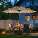 wikiwiki 9FT 3Tiers Solar Led Patio Umbrella, Sturdy Outdoor Market Umbrella for Deck, Pool, Garden w/Tilt, Crank, 32 LED Lights, Tan