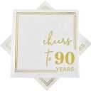 Ottin White Gold Cheers to 90 Years Cocktail Paper Napkins, 5x5 Inches, 50 Counts, 3-Ply Disposable Party Napkins for 90th Birthdays Decorations, Anniversaries, Weddings, Indoor & Outdoor Celebrations