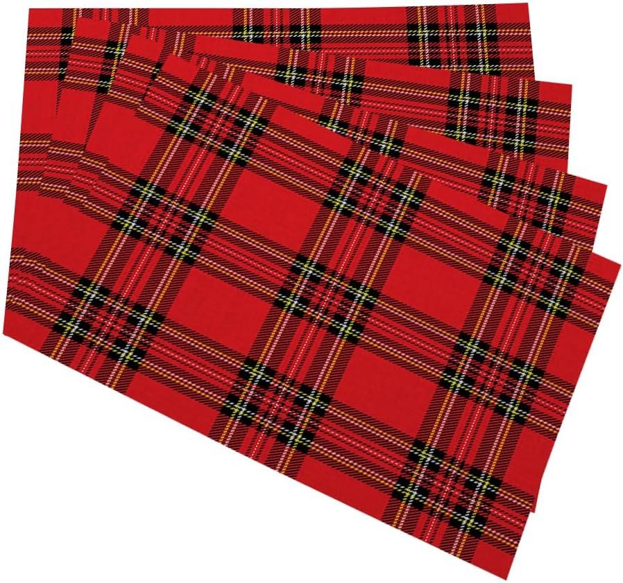 Red Plaid Cloth Placemats Linen Dinner Mats Traditional Scottish Checkered Tartan Wipeable Set of 4 Placemats Table Pads Indoor Table Protectors Non Slip,12 * 18 Inch