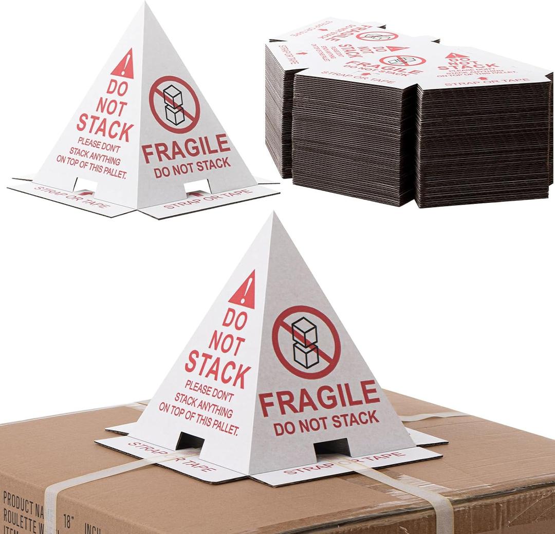 Dunzoom 60 Pcs Do Not Stack Cones 8 x 8 x 10" Do Not Stack Pallet Cones Corrugated Cardboard Safe Shipping and Handling Alerts for Repository Loading Docks (Red White)