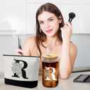 Custom Glass Cup & Makeup Bag Set - Personalized Gifts for Women, Initial 16 oz Glass Tumbler with Lid & Straw, Monogram Makeup Bag - Birthday Gifts For Women, Mother's Day Presents(R)