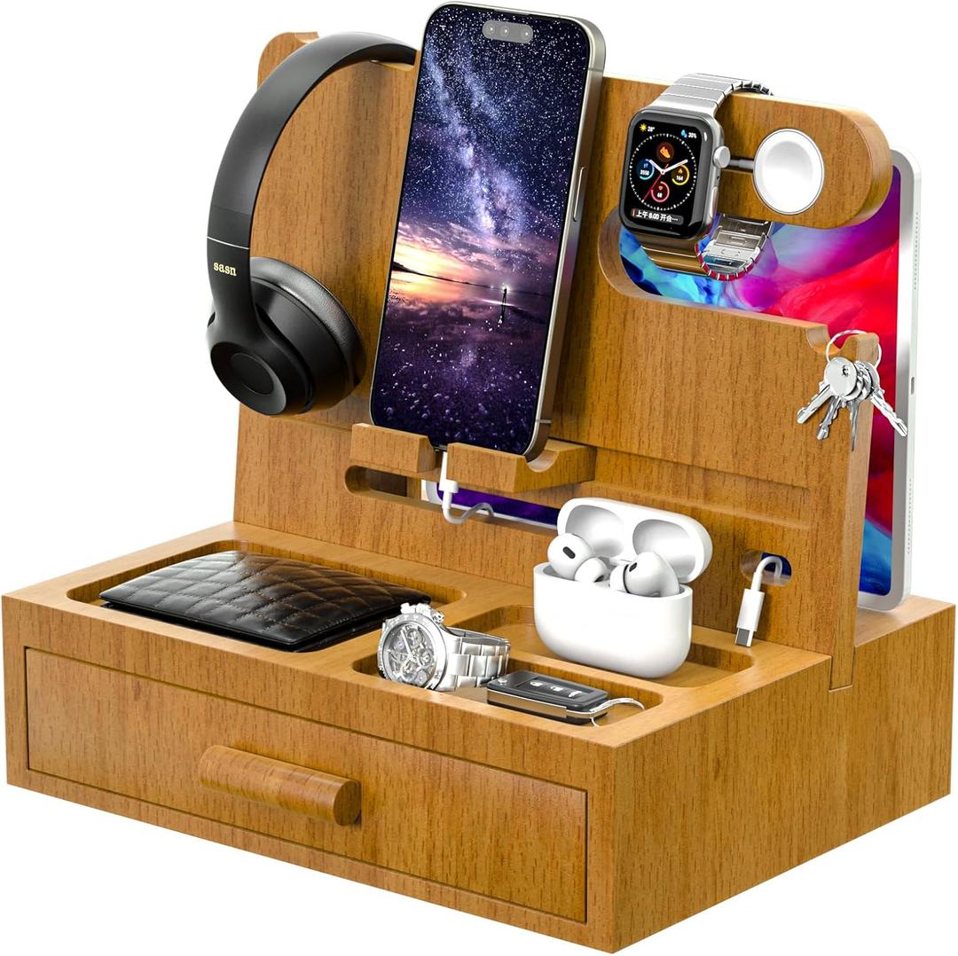 Phone Docking Station for Men - Stocking Stuffers for Men Boyfriend, Nightstand Organizer Bedside Organizer, Gift for Men, Gift for Husband, Birthday Gifts for Men (Wood)