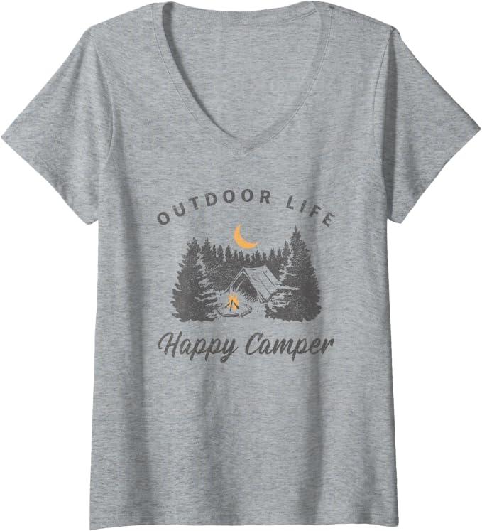 Womens Happy Camper Outdoor Life Forest Camp Camping Nature Vintage V-Neck T-Shirt, Size M