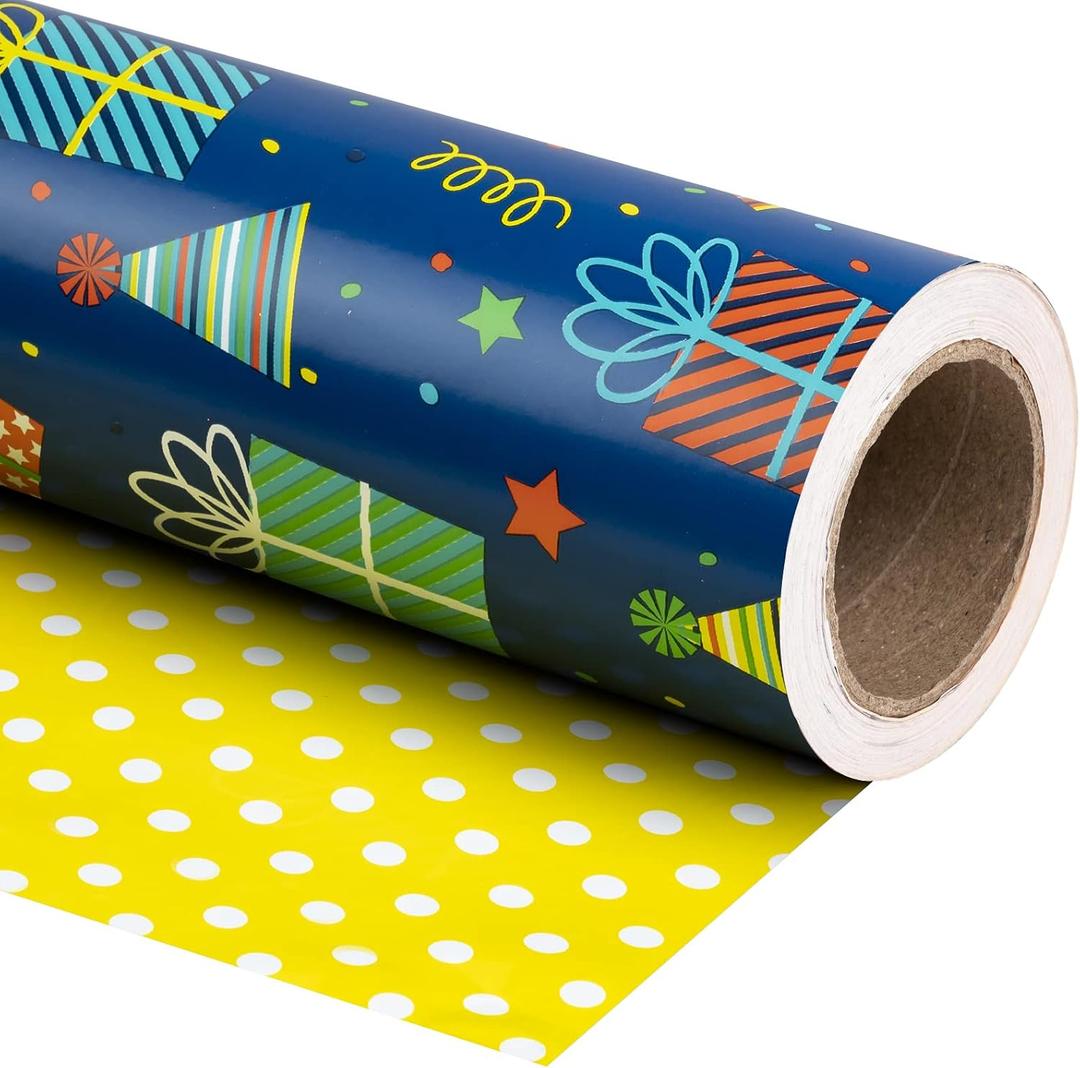 WRAPAHOLIC 30 Inch Reversible Birthday Wrapping Paper - 30 Inch x 33 Feet - Gift Boxes and Polka Dot Design for Birthday, Holiday, Party, Baby Shower