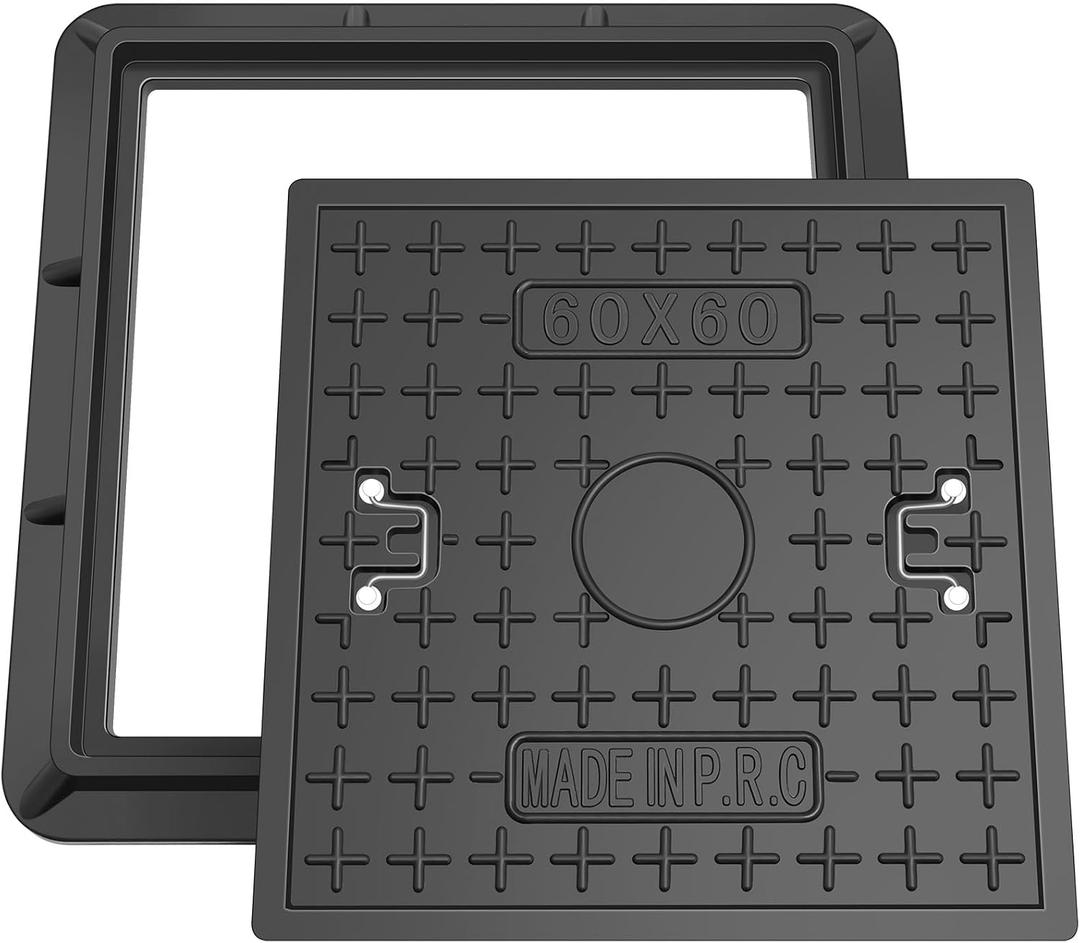24x24 Inch Square Manhole Cover and Frame, Frp Solid Septic Tank Cover, Recessed Non-slip Design with Handle, Suitable for Sewer, Septic Tank and Yard (Black)