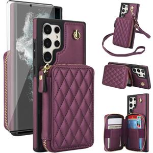 Phone Case for Samsung Galaxy S22 Ultra 5G Wallet Cell Cover with Tempered Glass Screen Protector Wrist Crossbody Strap RFID Blocking Card Holder TPU S22ultra 22S S 22 S22ultra5g 6.8 Women Dark Purple