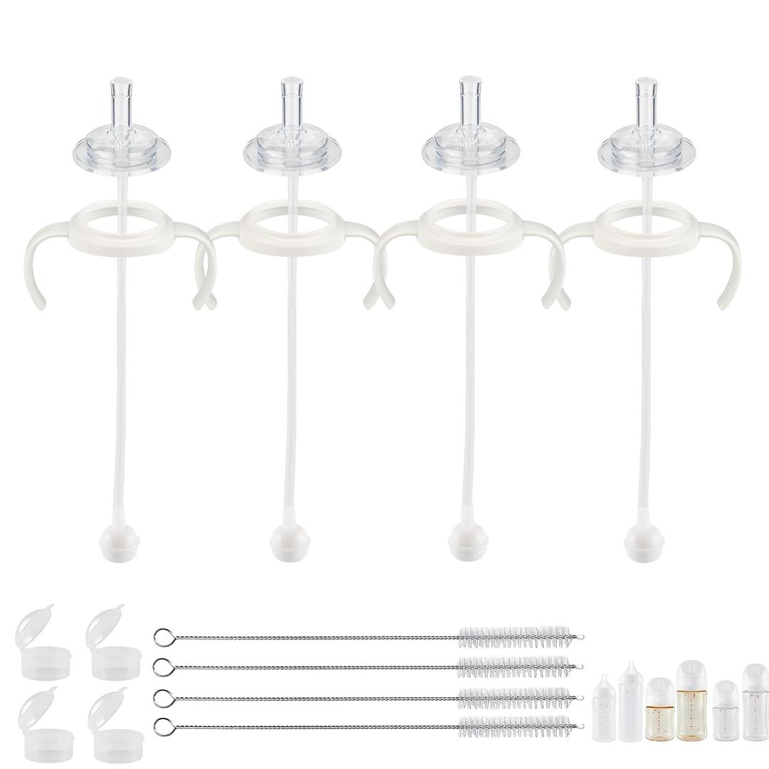 Straw Cup Conversion Kit for Pigeon Bottles, Smooth Toddler Transition Set, Includes Soft Straw Nipples, Weighted Straws, and Easy-Grip Handle, 8 Months+, 4-Pack
