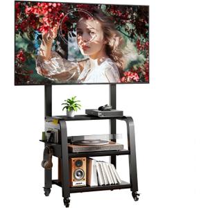 Wooden Base Rolling TV Stand for 32-75 inch TVs up to 132 lbs, Mobile TV Stand with 3-Tier Storage Shelf & Pegboard, Height Adjustable Heavy Duty TV Cart, Max VESA 600x400mm