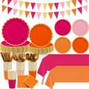 Mimorou 342 Pcs Pink and Orange Plates and Napkins Pink and Orange Tableware Paper Disposable Plates Napkins Cups Plastic Tablecloth Triangle Banner for Wedding Bachelorette Birthday Party Supplies