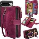 Harryshell Detachable Wallet Leather Case Compatible with Google Pixel 9 Pro XL 6.8" / 10 Pro XL Magnetic Phone Case Zipper with Cash Coin Pocket Multi Card Slot Wrist Strap Lanyard (Flower Wine Red)