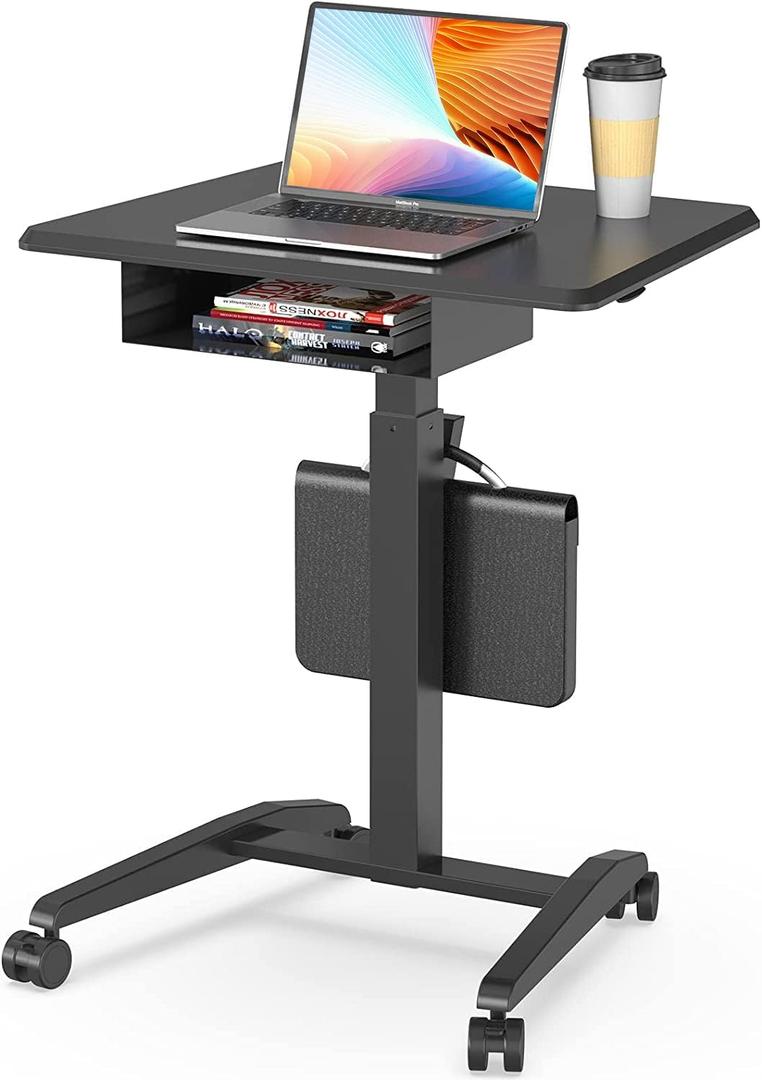 JOY worker Height Adjustable Rolling Laptop Desk with Shelf, Mobile Standing Desk, Pneumatic Mobile Laptop Table with Wheels for Couch Home Office School, Holds Up to 22lbs,Black