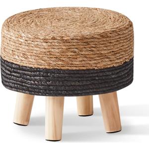 Wimarsbon Round Foot Stool Natural Seagrass Poufs Ottoman Hand Weave Footrest Stool for Couch Desk Extra Seat Step Stool with Solid Wood Legs for Hallway Patio Lounge Black