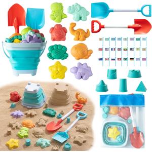 Sawaruita Beach Toys for Kids - Sand Toys Set Includes Collapsible Bucket Shovel and Mesh Bag 17 PCS, Toddlers Sandbox Toys Sandcastle Building Kit (Kids Beach Toy Set)