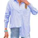 OMSJ Womens Striped Button Down Shirts Smocked Cuffed Sleeve Stylish Collared Office Work Blouses with Pocket (M)