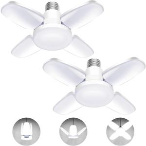LED Garage Lights 2 Pack, 50W LED Shop Light with 4+1 Multi-Position Panels Deformable E26/E27 Ceiling Light, 6500k 5000LM Ceiling Led Daylight for Shop, Basement, Workshop, Attic, Barn