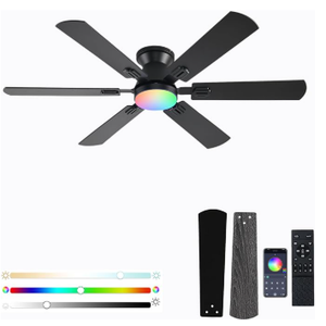56" RGB Ceiling Fans with Lights - App & Remote Control, Quiet Reversible DC Motor, Flush Mount Double-sided Blades, 3CCT Dimmable, Smart Low Profile Ceiling Fan for Bedroom Kids Room（Black）