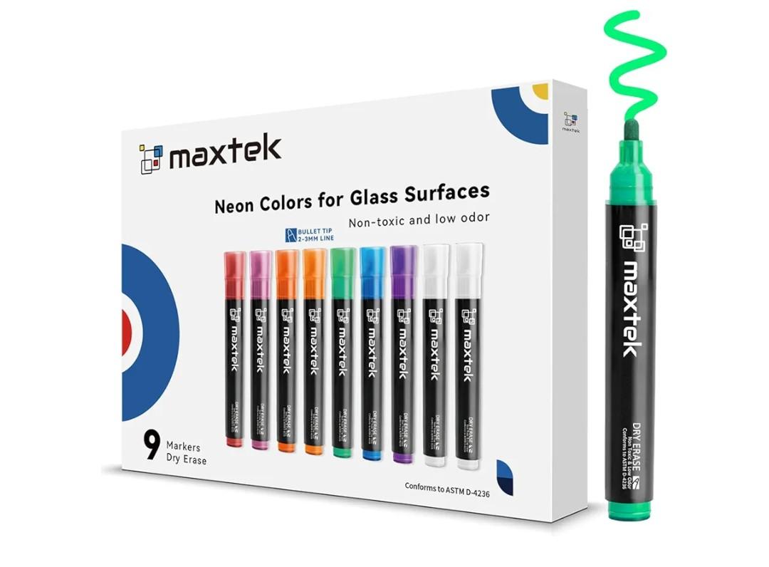 maxtek Neon Dry Erase Markers for Glass,Window Markers for Dry Erase Board,Chalkboard,LED Note Board,Acrylic Refrigerator Calendar,Bullet Tip,Low Odor,Assorted Colors,9 Count