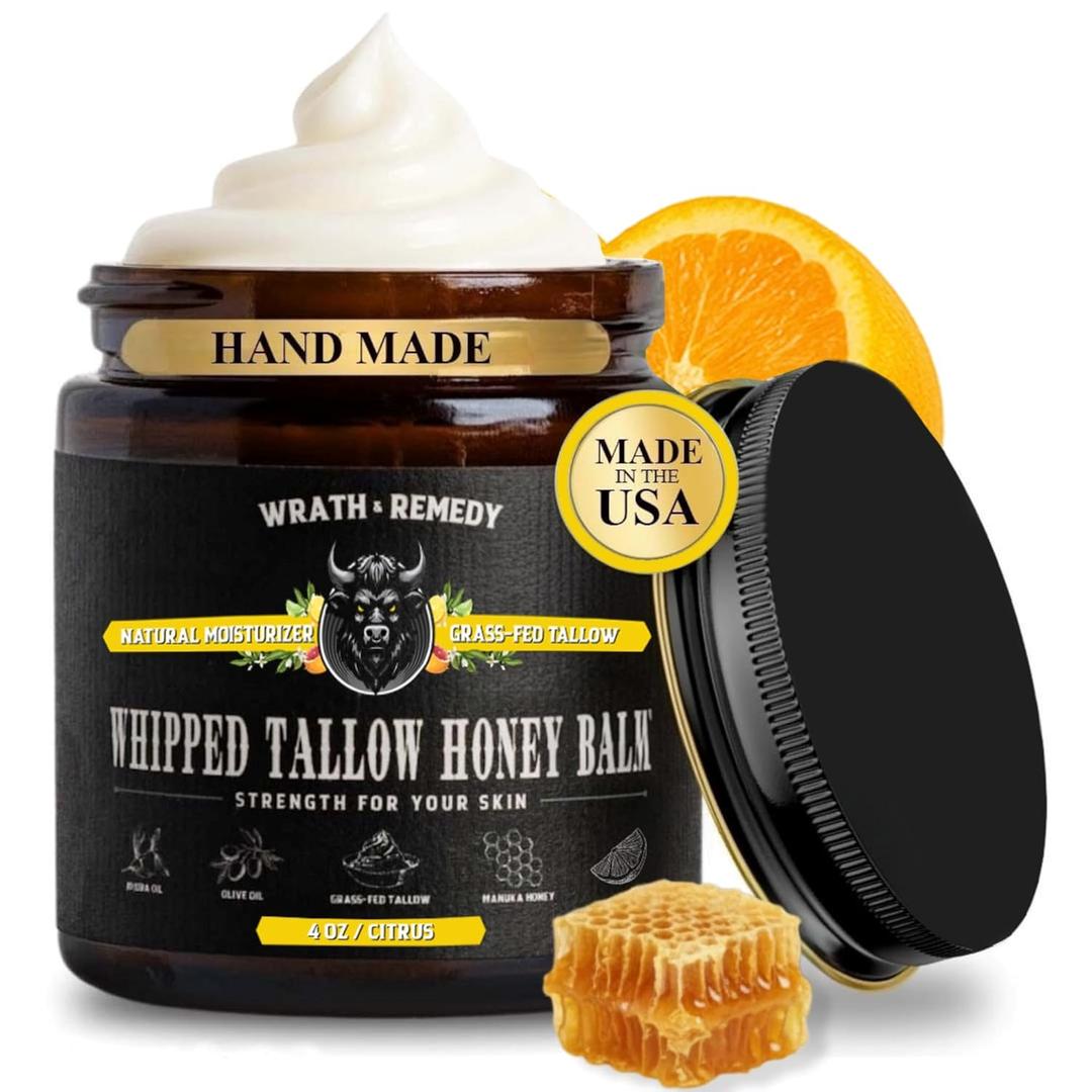 Organic Beef Tallow for Skin - 4 OZ (Citrus)  Grass Fed Beef Tallow for face + Body  US-Made Whipped Tallow and Honey Balm Moisturizer for Dry and Sensitive Skin, Eczema, Rosacea (No Additives)
