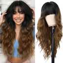 Black to Brown Wig with Bangs Long Ombre Brown Curly Wavy Wigs Natural Looking Heat Resistant Synthetic Bangs Wig for Daily Party Use (Black to Brown,26 Inches)