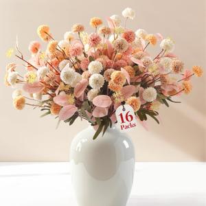 Alupssuc 16 PCS Faux Flowers for Vase Artificial Silk Mums with Eucalyptus, Fake Chrysanthemum Floral with Adjustable Long Stem for Dining Table Centerpiece Home Decoration Indoor, 4 Colors