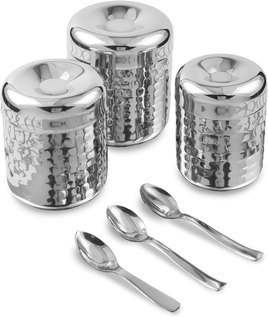 CRAFTONE Stainless Steel Hammered Containers Set of 3 with Spoon, Ideal for Tea, Coffee, Sugar, Masala Storage Sugar Container with Lid for Salt, Coffee, Dishwasher Safe (10 Oz, 15 Oz, 20 Oz)