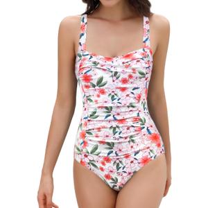 SHEKINI Women's Ruched Tummy Control Swimsuits Vintage Push Up One Piece Bathing Suit Padded Swimwear (Large, Pink Flower)