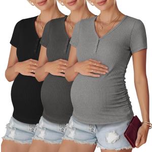 3 Pack Womens Maternity Shirts Short Sleeve Cotton Ribbed V Neck Pregnancy Clothes Casual Henley Side Ruched Tees (X-Large, Light Heather Gray, Dark Heather Gray, Black)