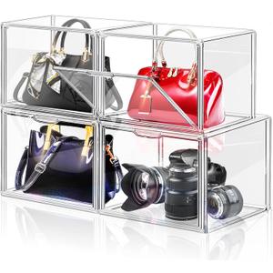 DILIBRA 4 Packs Clear Plastic Handbag Storage Organizer for Closet, Acrylic Display Box for Handbag, Stackable Storage Boxes Bag Organizer with Magnetic Door for Purse Clutch Wallet Book Toys