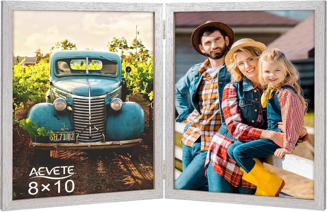 AEVETE 8x10 Picture Frames Double Hinged Wood Folding Photo Frames Vertical with Plexiglass Front, Silver