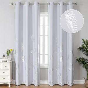 Estelar Textiler Greyish White Room Darkening Curtains 2 Panels for Living Room, Light Filtering Energy Saving Window Grommet Drapes with Silver Palm Leaf Design for Bedroom, 42Wx96L, 2 Drapes