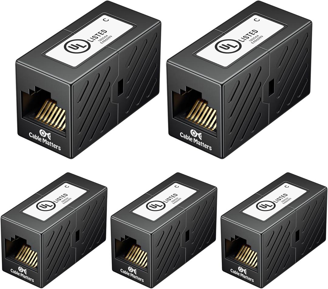 Cable Matters [UL Listed] 5-Pack 10Gbps Cat 6 Ethernet Coupler (RJ45 Coupler, Cat6 RJ45 Female to Female Adapter, Ethernet Extender Adapter) in Black, Compatible with Cat6A, Cat5e