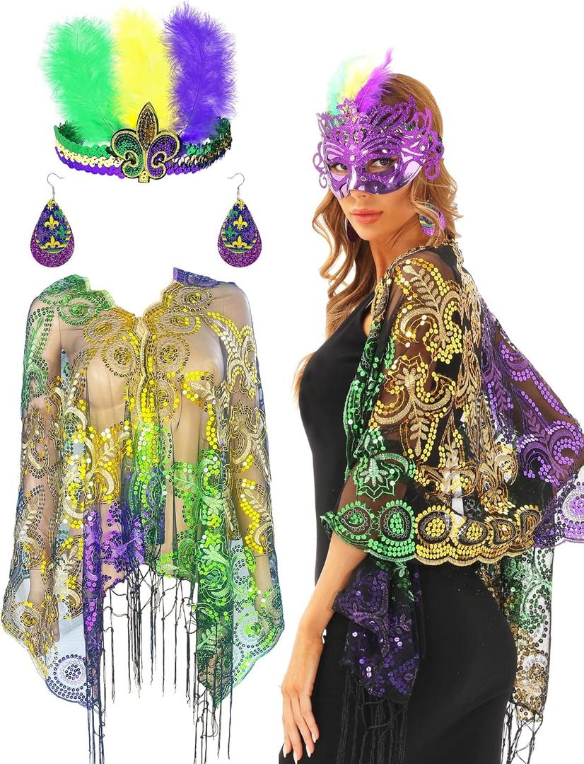 QLINLEAF Mardi Gras Shawl Scarf Sequin Mardi Gras Outfit for Women with Headband and Earrings Canival Party Favor QLINLEAF Mardi Gras Shawl Scarf Sequin Mardi Gras Outfit for Women with Headband and Earrings Canival Party Favor
