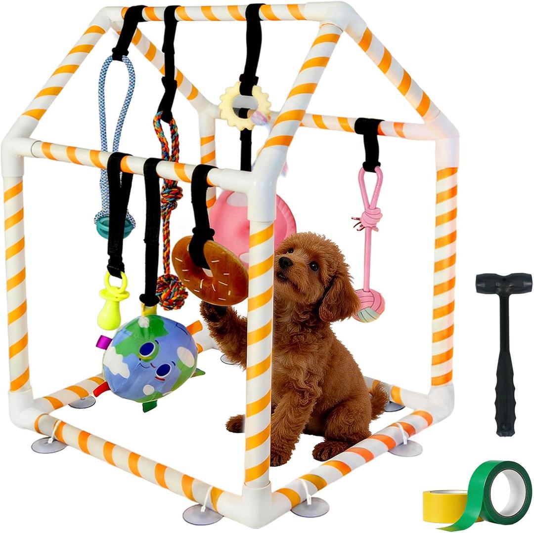 Puppy Play Gym for Small Dogs, Dog Jungle Gym with 8 Hanging Toys & Bungee Straps PVC Frame Indoor Jungle Activity Center Interactive Enrichment Puppy Toys to Keep Them Busy