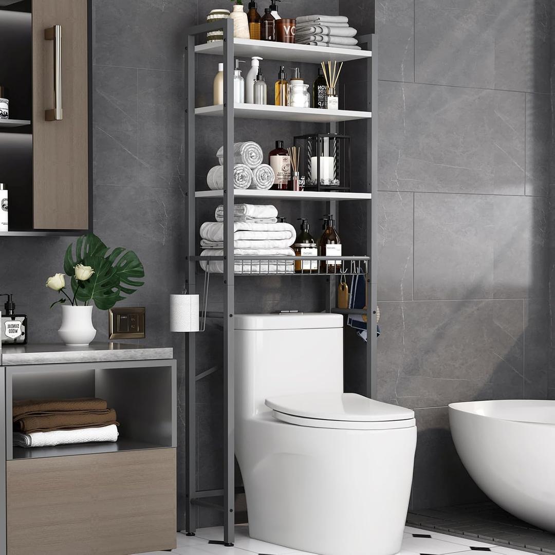 Kalrin Over-The-Toilet Storage Rack, 4-Tier Bathroom Organizer Shelf Over Toilet with Adjustable Shelf and Basket, Freestanding Space Saver Bathroom Shelves Above Toilet for Room (Gray- White), X-Large
