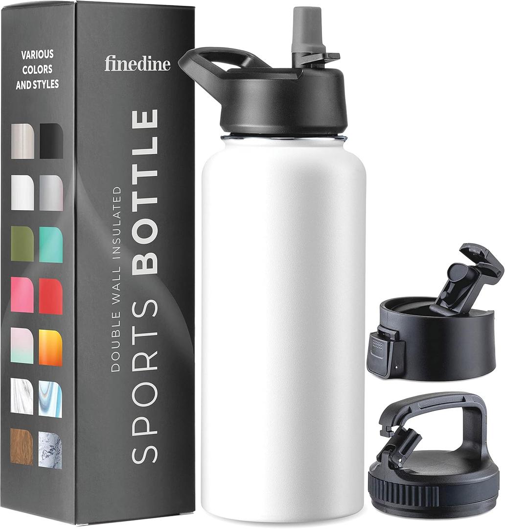FineDine Triple Walled, Insulated Water Bottles with Straw - 32 Oz Stainless Steel Metal Bottle W/ 3 Leak Proof Lids - For Travel, School, Sports, Gym/Men, Women & Kids - Pure Pearly White