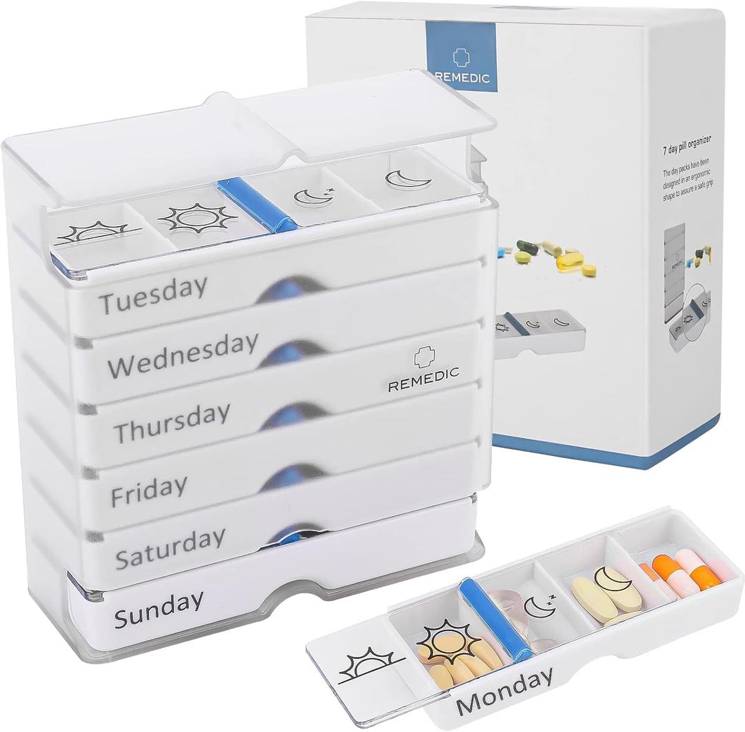 Weekly Pill Organizer 7 Day AM/PM  4 Compartments per Day, Arthritis Friendly Pill Case with Better Grip Design, Medicine Planner for Vitamins, Supplements, and Medications  Easy to Use Pillbox (White)