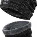 FZ FANTASTIC ZONE Mens Womens Winter Beanie Hat Scarf Set Warm Knit Thick Fleece Lined Skull Cap Neck Warmer for Men Women (Nc Black)