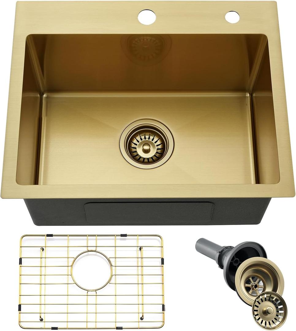 20x16 Drop In Gold Bar Sink, Top Mount Outdoor Wet Bar Sink Single Bowl 16 Gauge Stainless Steel Deep Small Drop In Kitchen Sink, 20"x16"x10"