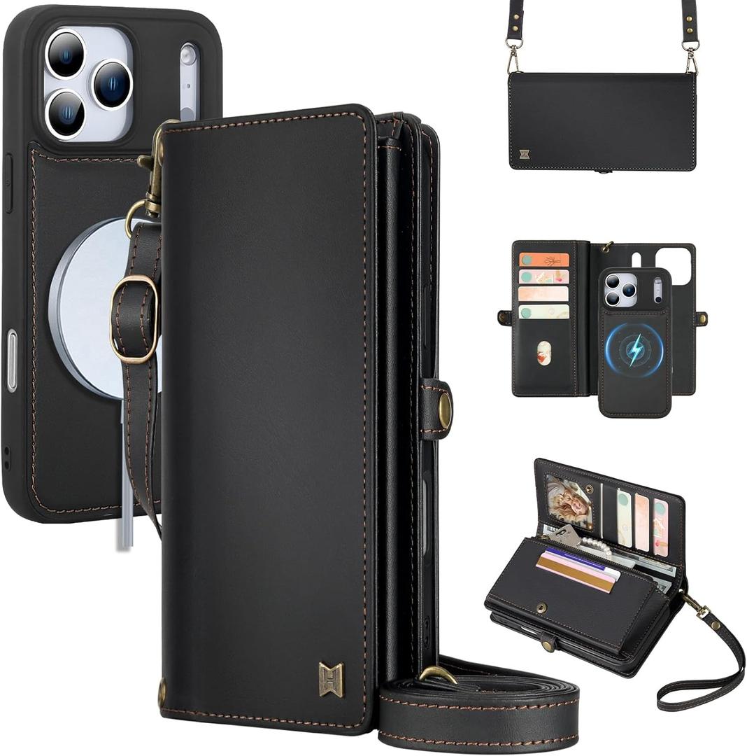 for Wallet Case Compatible with iPhone 17 Pro Max,Multi-Function Detachable 2 in 1 Magnetic iPhone 17 Pro Max Case Wallet,Flip Strap Zipper Card Holder Phone Case with Shoulder Straps (Black)