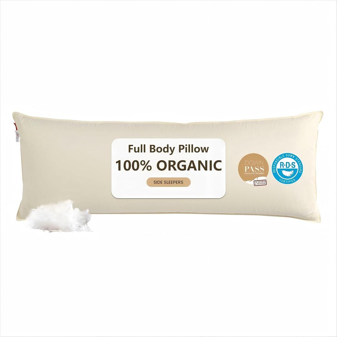 Goose Down Body Pillows for Adults, Large Body Pillow for Side Sleeper, Hugging Feather Body Pillow Insert, Cooling Full Length Long Pillow for Bed with 100% Organic Cotton Shell, Beige 20"x54"