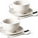 Porcelain Coffee Cup with Saucer 220ml/7.3oz for Cappuccino, Latte, and Tea, White, Set of 2