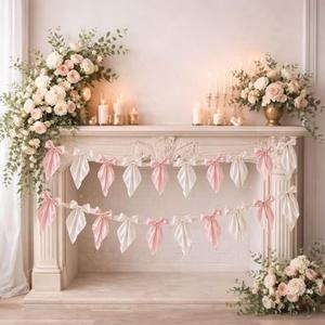 2pcs White Pink Bow Garland Banner 82.7 inch, Satin Ribbon Bow Decorations for Birthday Bachelorette Engagement Wedding Party and Anniversary Decor