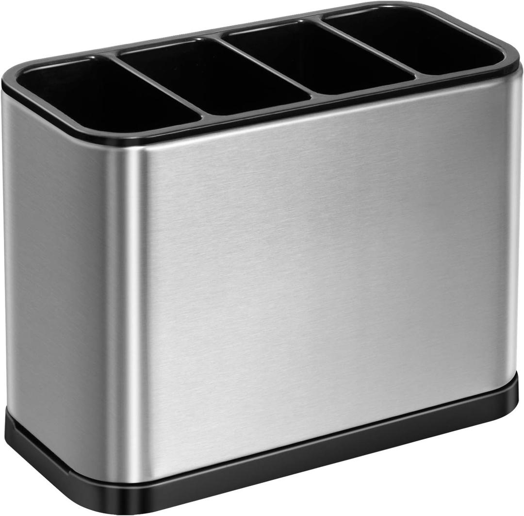 ODesign Utensil Caddy Flatware Organizer Crock Utensil Holder for Countertop Kitchen Rustproof 4 Divider Drip Tray Stainless Steel ABS Anti Slip Scratch - 7.1 x 3.39 x 5.1 inch