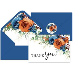 Whaline 36Pcs Watercolor Floral Thank You Cards with Envelopes and Stickers Blue Floral Greeting Cards Rose Flower Blank Note Card for Party Supplies